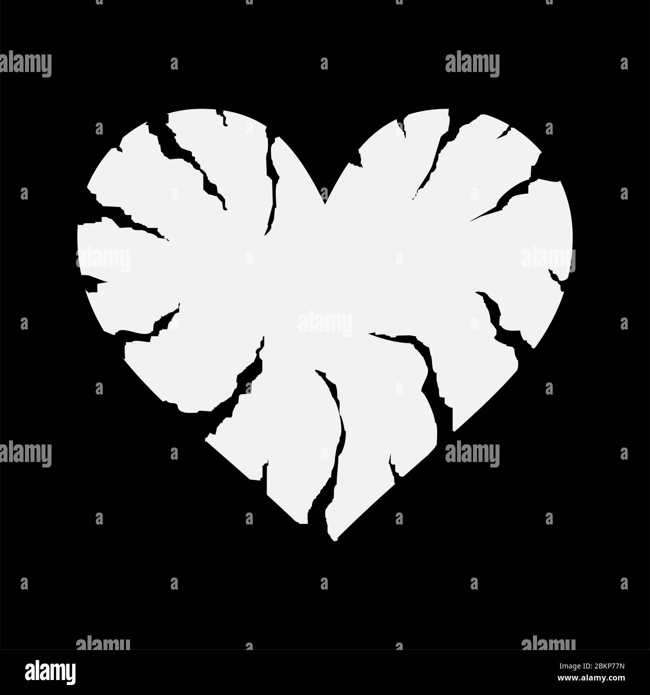 Cracked heart icon on black negative space. Heart shape icon with cracks and ragged edges. Symbol of divorce or mental pain. Unhappy love, emotional e Stock Vector