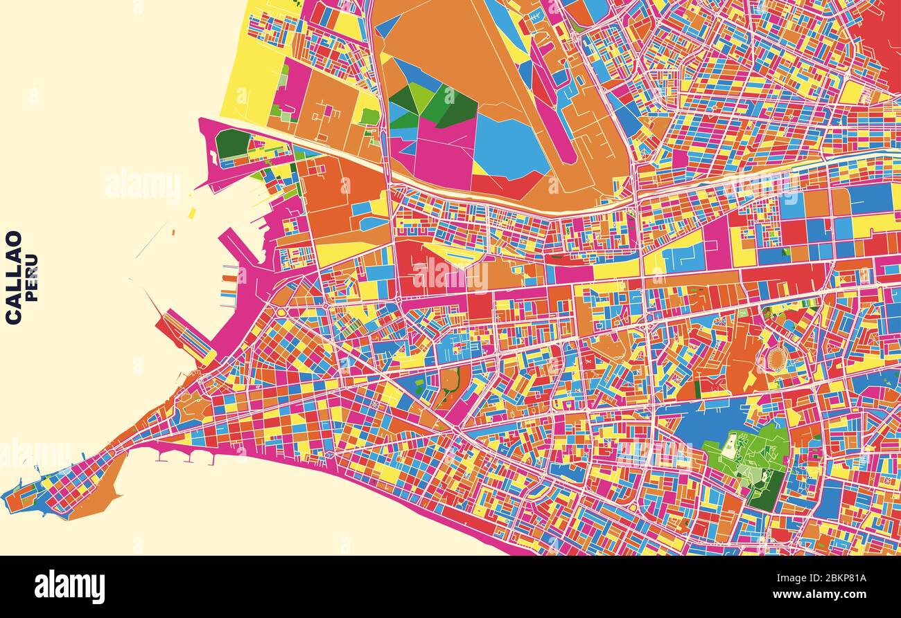 Colorful vector map of Callao, Peru. Art Map template for selfprinting wall art in landscape format. Stock Vector