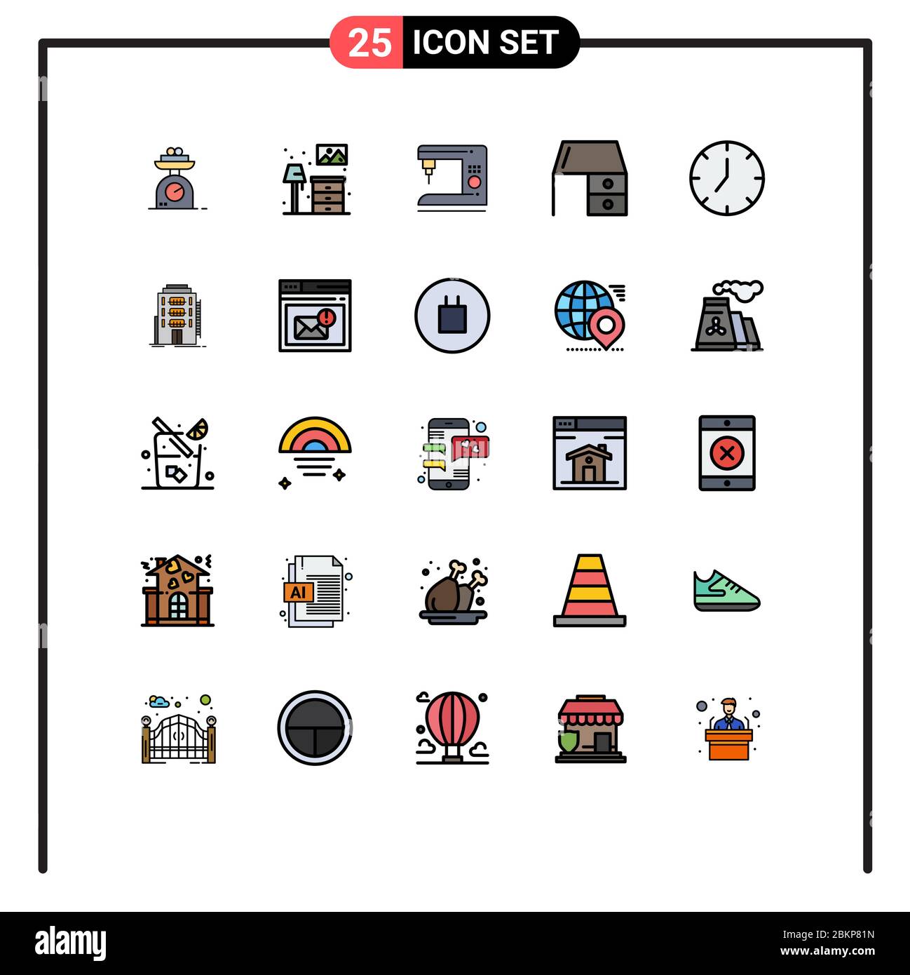 Universal Icon Symbols Group Of 25 Modern Filled Line Flat Colors Of Clock Office Desk Coffee Furniture Bureau Editable Vector Design Elements Stock Vector Image Art Alamy