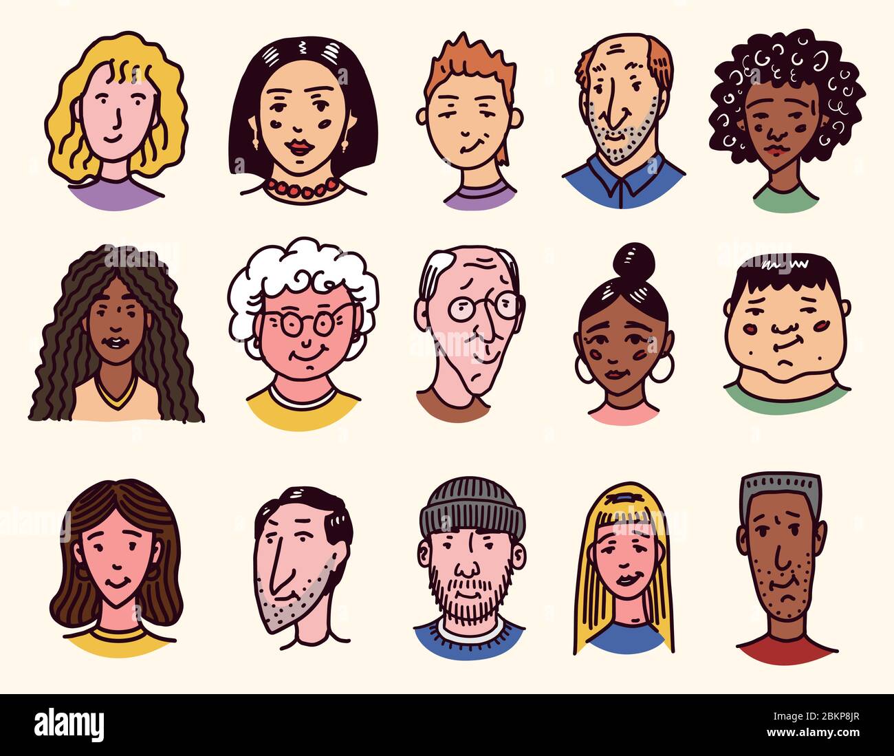 Faces of people. Character set. Human Avatars Collection. Old and young age. Happy emotions. Portrait with positive facial expression. Men and women Stock Vector