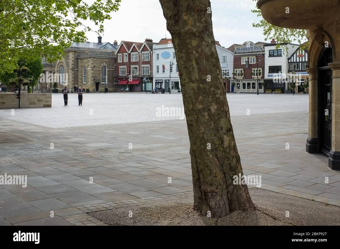 Historic Salisbury Market Place almost empty during the 2020 Coronavirus Lockdown. Image taken mid-morning on what would usually be market day. Stock Photo