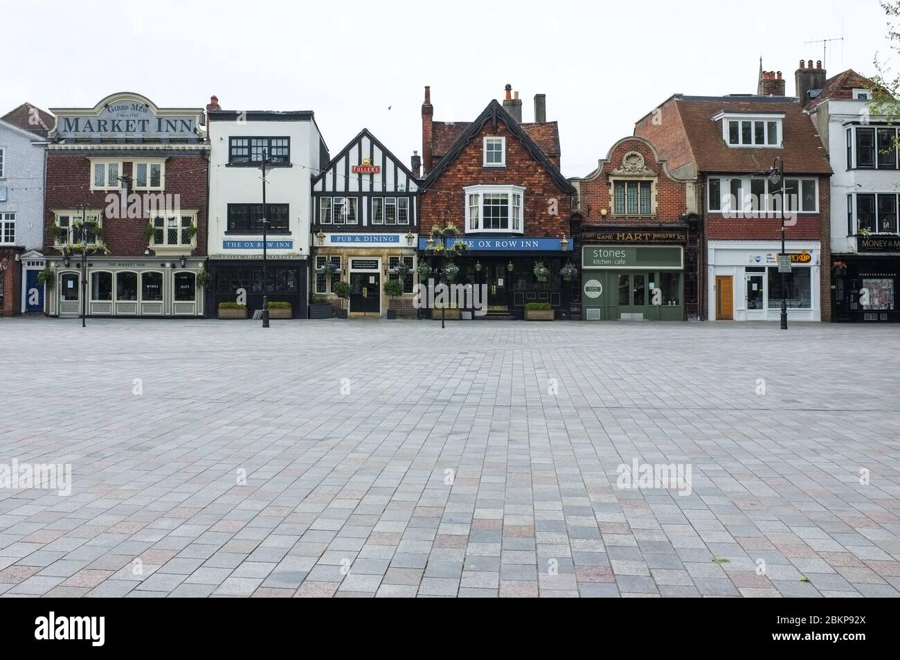 Historic Salisbury Market Place almost empty during the 2020 Coronavirus Lockdown. Image taken mid-morning on what would usually be market day. Stock Photo
