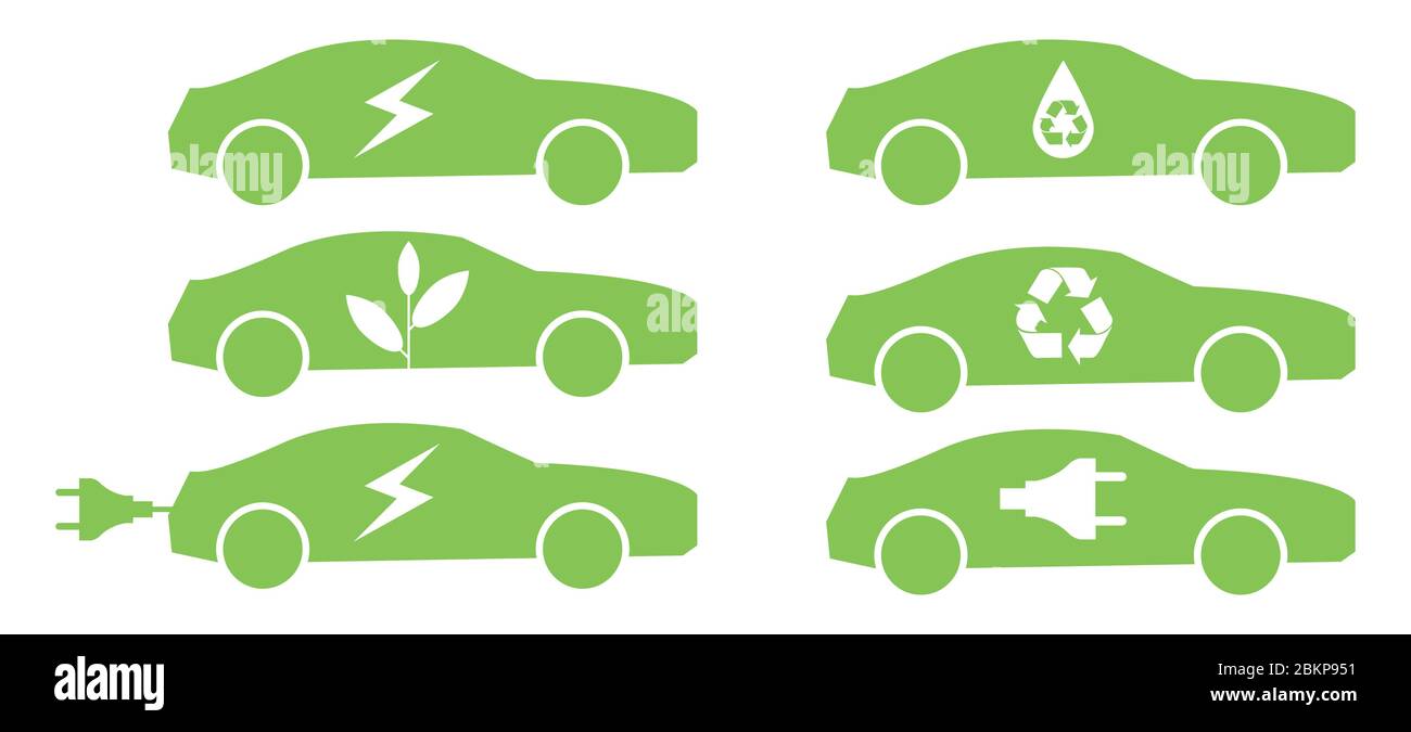 Eco green car logo, electric, gas, organic fuel. Environmentally friendly, non-polluting, sustainable car sign vector set Stock Vector