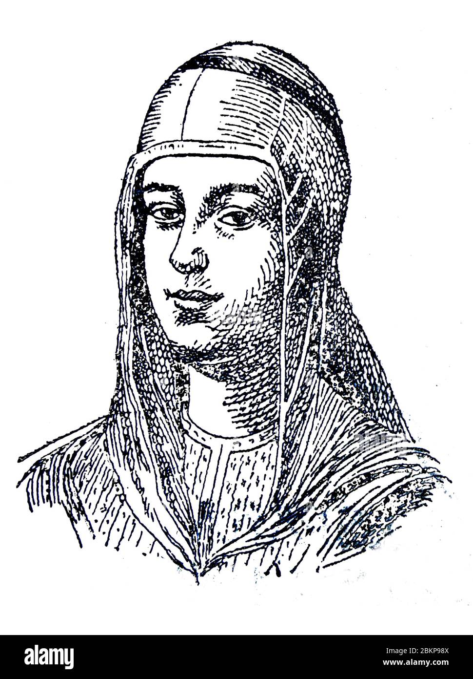 Portrait of Isabella I of Castile, Queen of Castile from 1474 and Queen consort of Aragon. Draw from Enciclopedia Autodidactica, Carles Dalmau,1954 Stock Photo