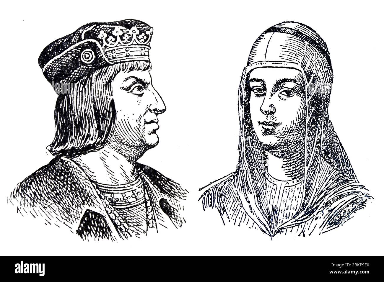 Portrait of Catholic Monarchs of Spain, Queen Isabella I of Castile and King Ferdinand II of Aragon. Draw from Enciclopedia Autodidactica by Carles Da Stock Photo