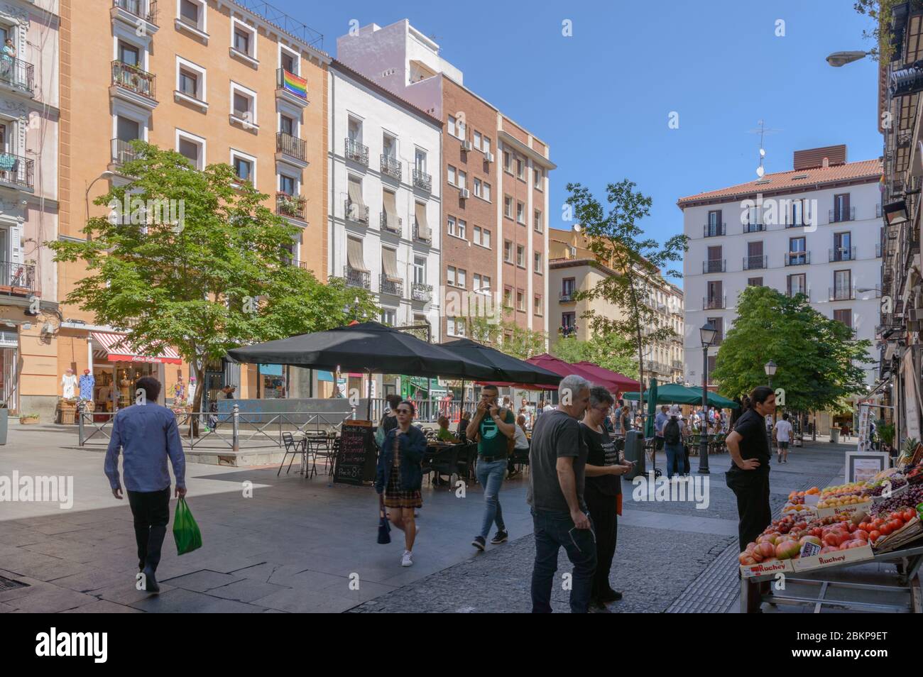 Castiza Chueca Square with its terraces of bars and shops cradle of gay pride in Madrid. June 15, 2019. Madrid. Spain. Travel Tourism Holidays Stock Photo