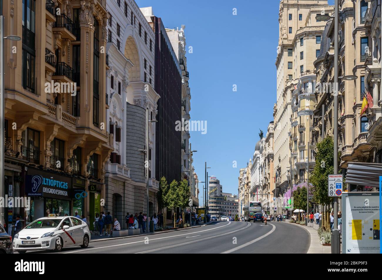 Gran Via Totally Decongested Of Cars And With Barely Passers by In Madrid. June 15, 2019. Madrid. Spain. Travel Tourism Holidays Stock Photo