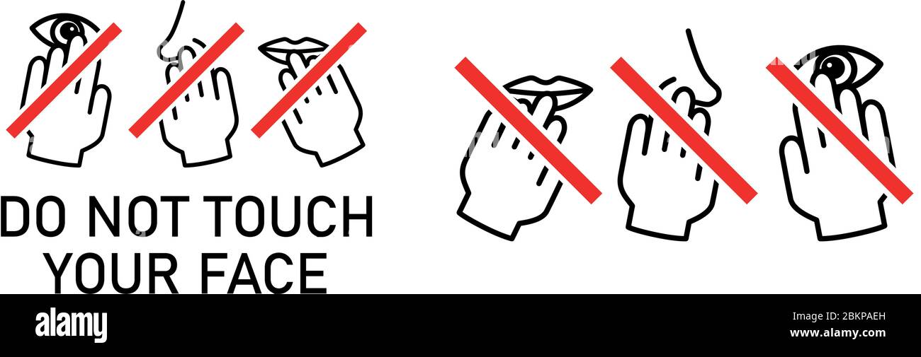 Set of do not touch your face icon. Simple black white drawing with hand touching mouth, nose, eye crossed by red line. Can be used during coronavirus Stock Vector