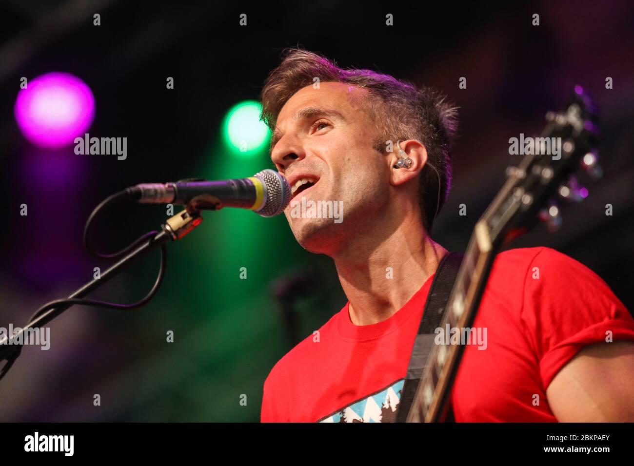 Singer Irwin Sparkes of The Hoosiers, as the band performs at Llangollen International Musical Eisteddfod in Wales. Stock Photo