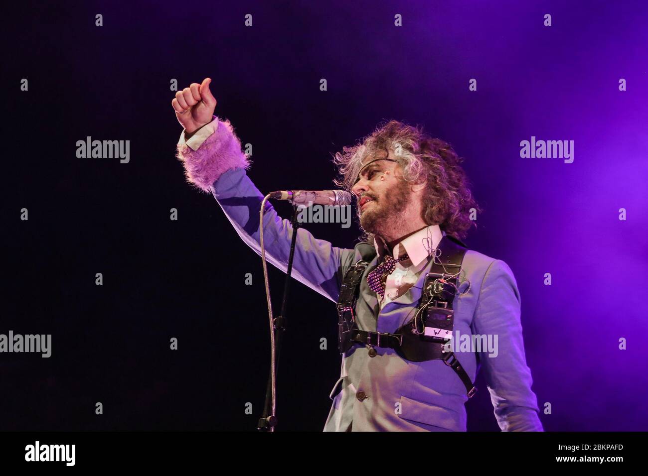 Singer Wayne Coyne of the Flaming Lips, as the band performs at the 2018 Bluedot Festival held at Jodrell Bank in Cheshire, UK. Stock Photo