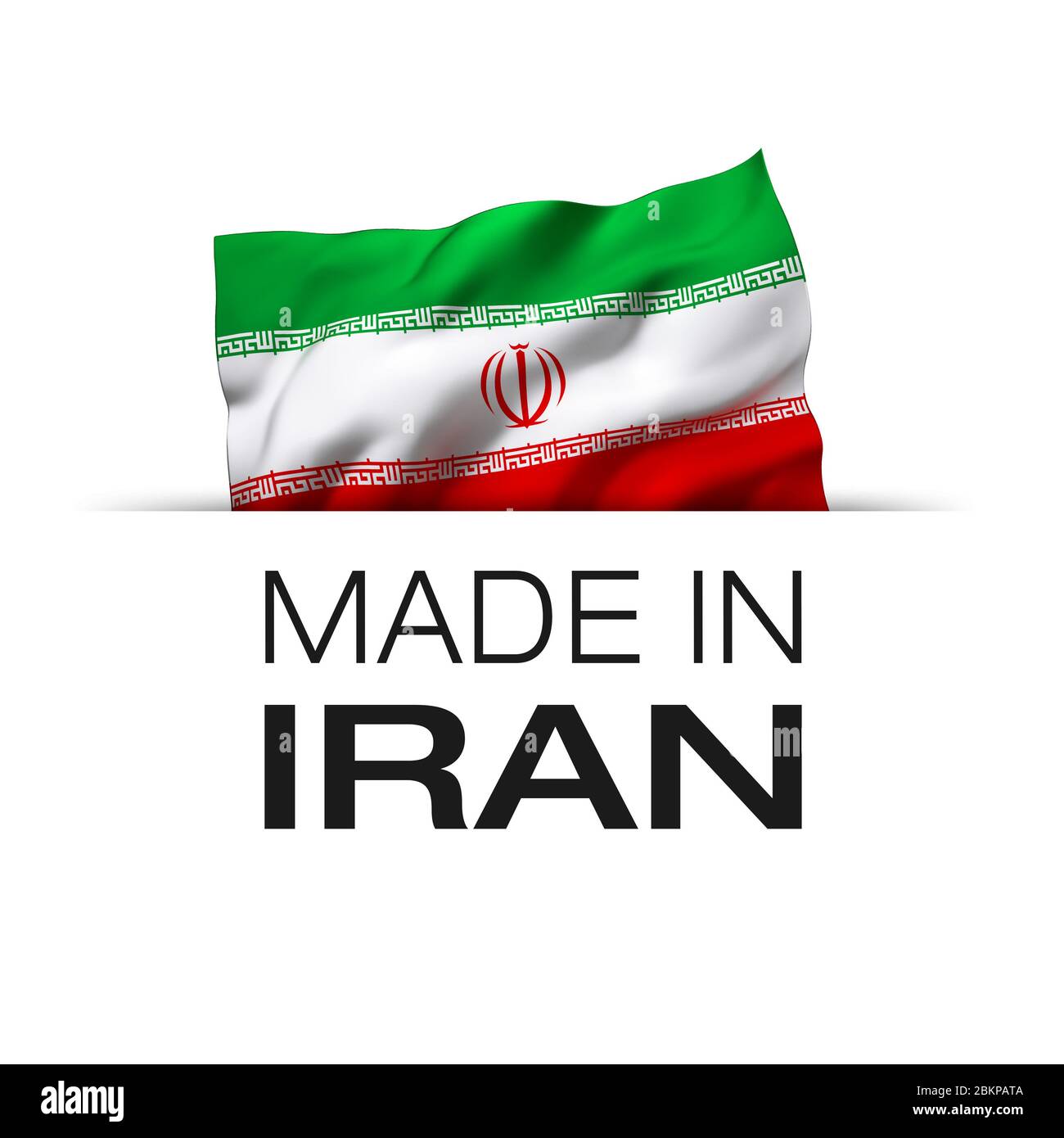 Made in Iran - Guarantee label with a waving Iranian flag. 3D illustration. Stock Photo