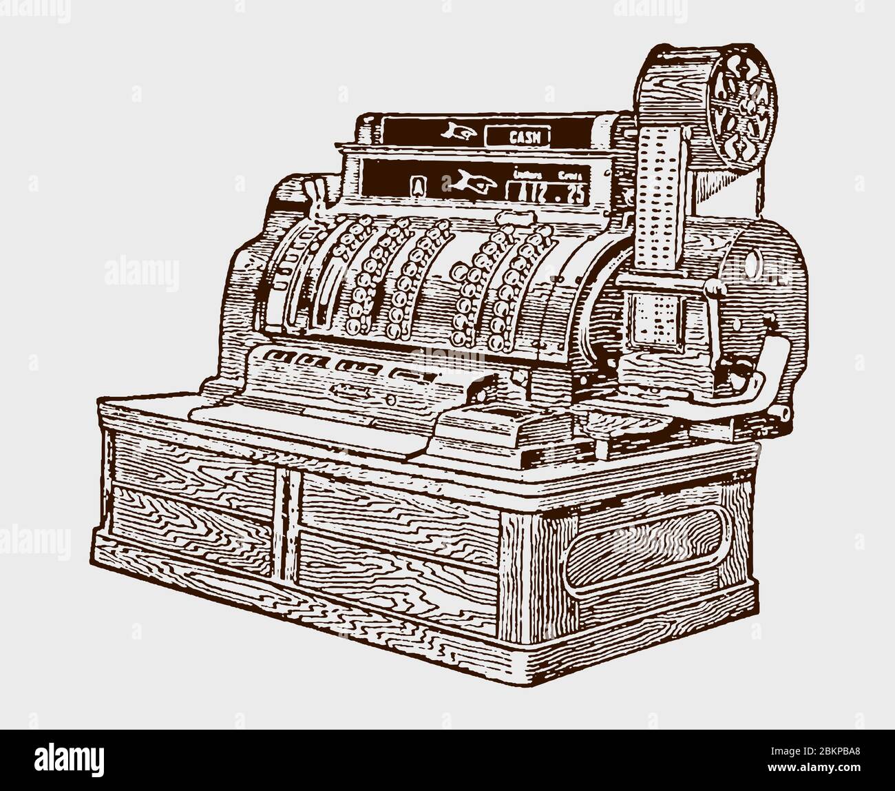 Antique wooden cash register from the early 20th century in three-quarter front view Stock Vector