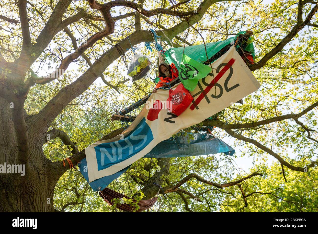 An anti-HS2 protester named Potts positioned in a tree in Crackley Woods, near Kenilworth, Warwickshire. The protesters have set up a makeshift camp in the ancient woodland, which they claim is under threat from the construction of HS2. Stock Photo