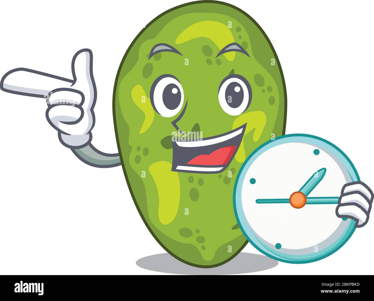Cyanobacteria mascot design concept smiling with clock Stock Vector