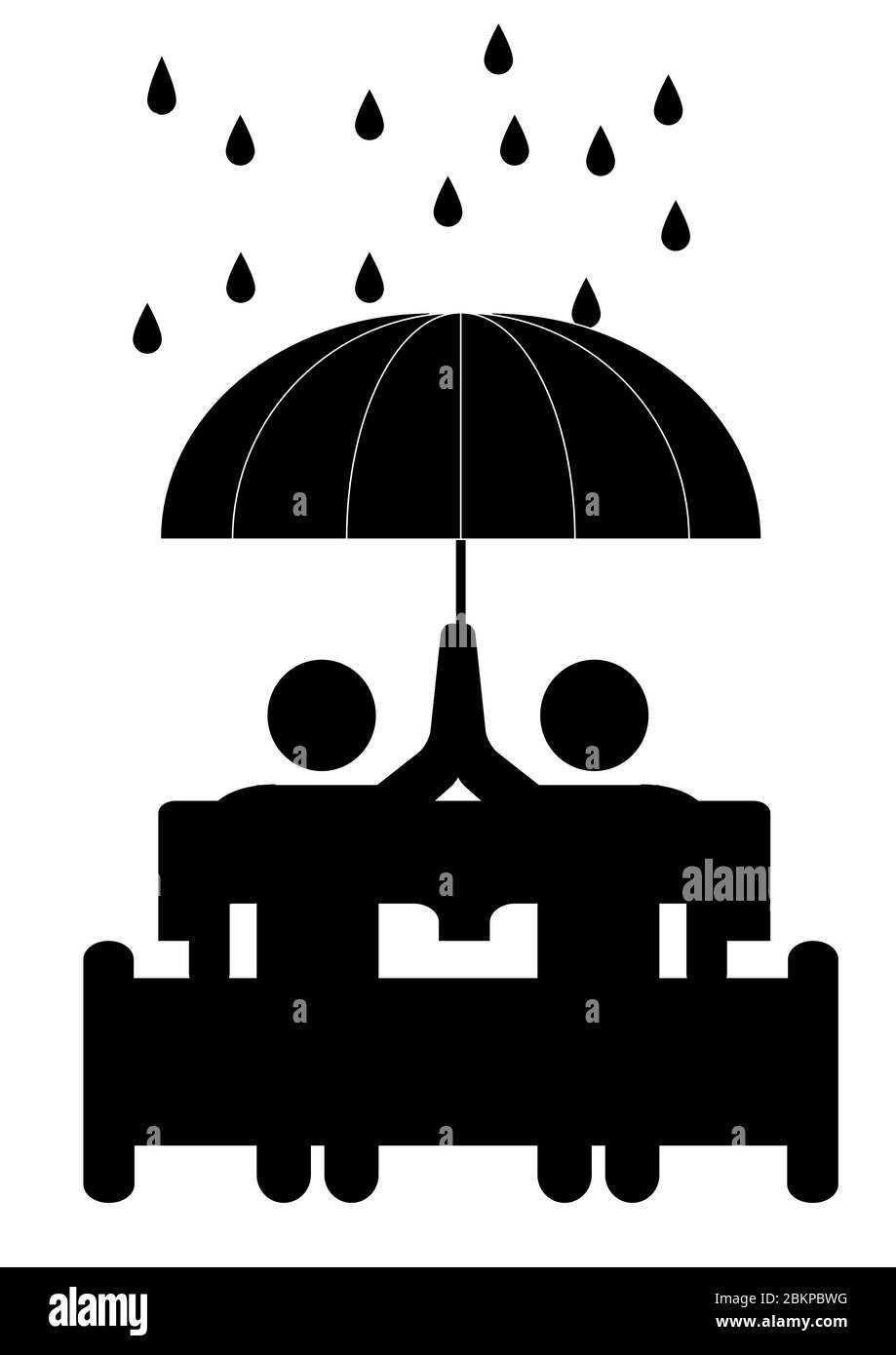 People under an umbrella in the rain on a bench. Stock Vector