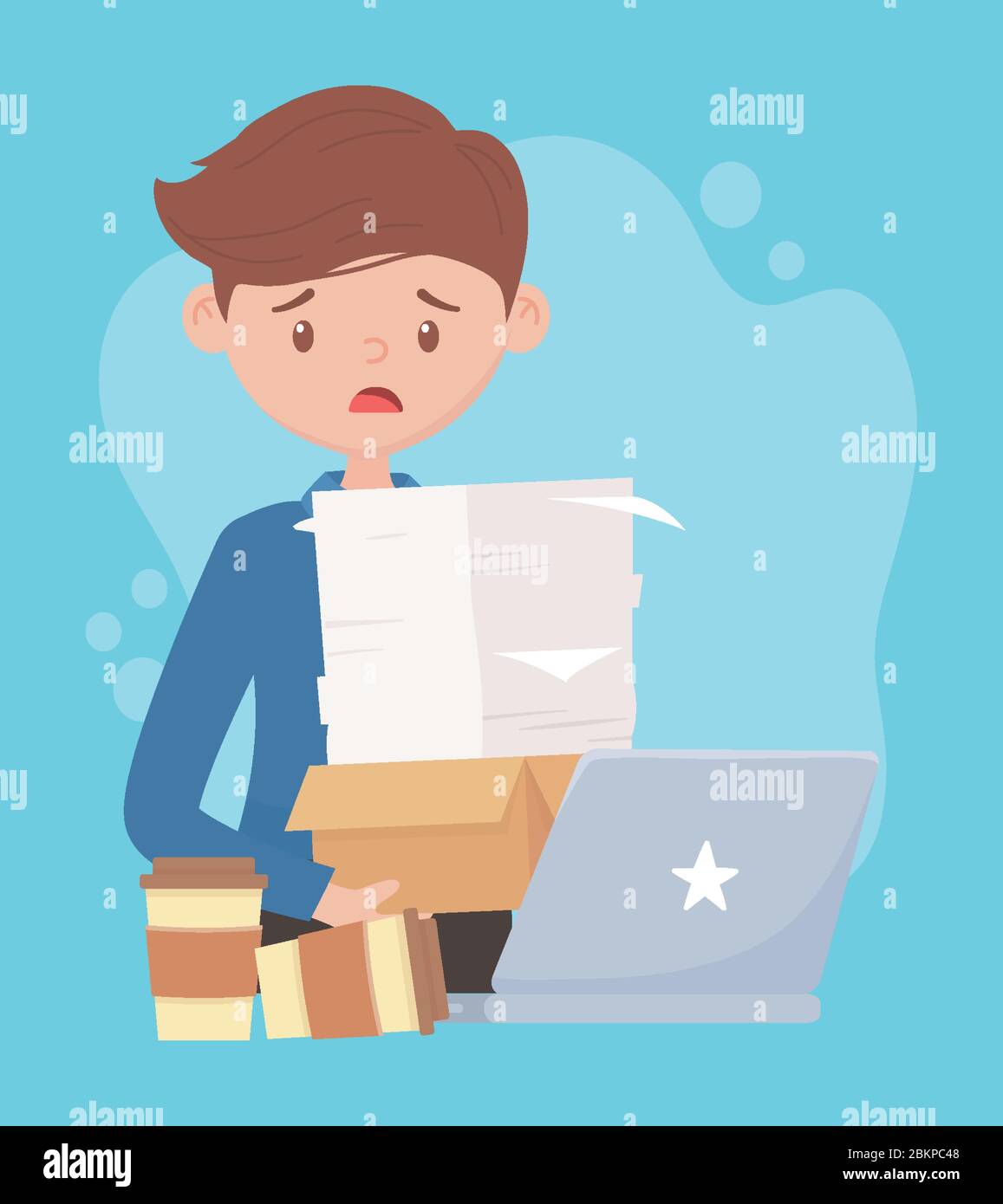stress at work, stressed employee carrying stacked papers, coffee cups and laptop office vector illustration Stock Vector