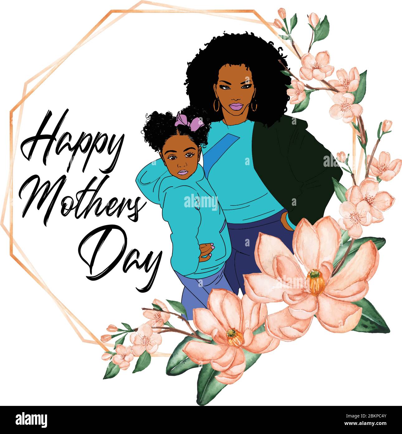 Afro American mother and daughter standing together mothers day vector  design with floral frame Stock Vector Image & Art - Alamy