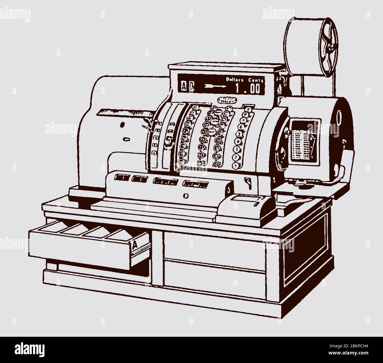 Antique cash register with an open drawer from the early 20th century