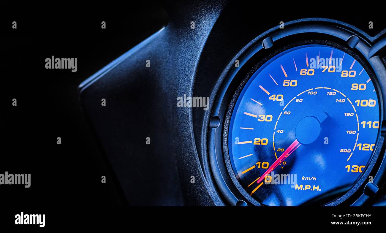Zero Speedometer Close-up of the car's speedometer. Copy space. Over speed. Arrow at ...