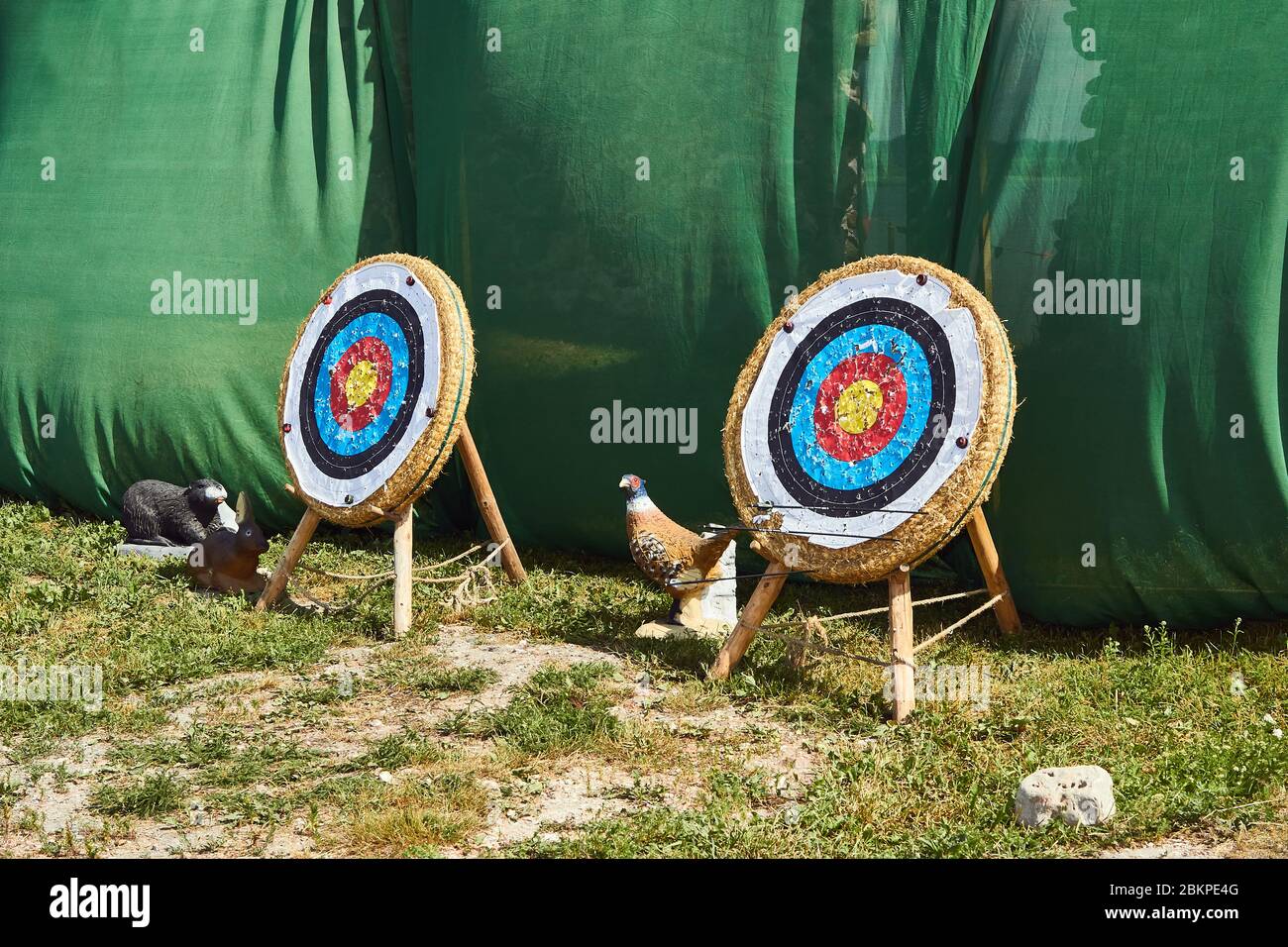 Hayriddled archery targets for outdoor archery training Stock Photo