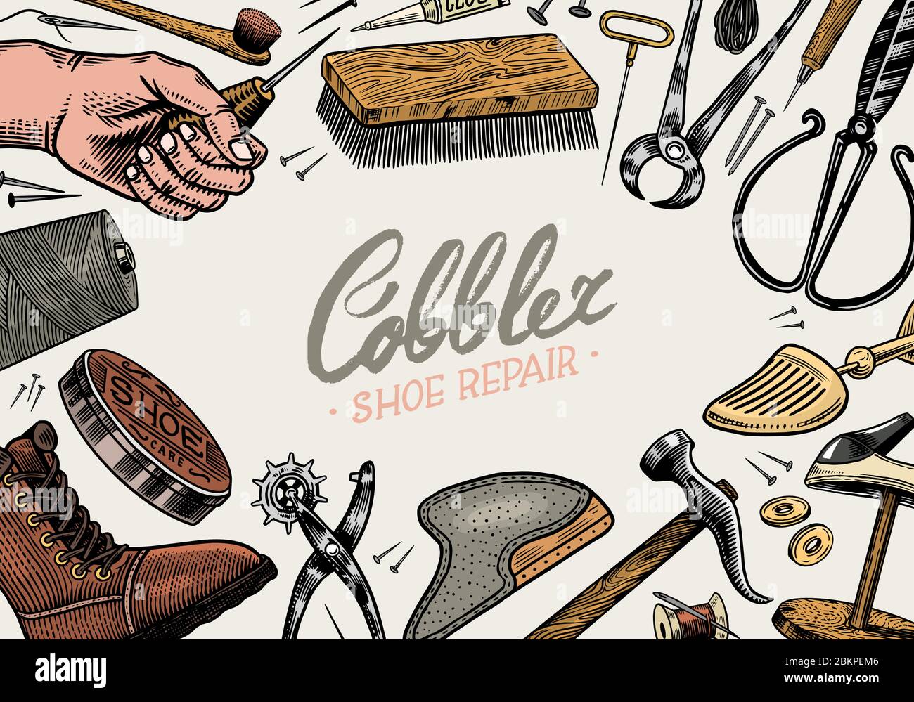 Cobbler background. Professional equipments. Poster or banner for Shoe