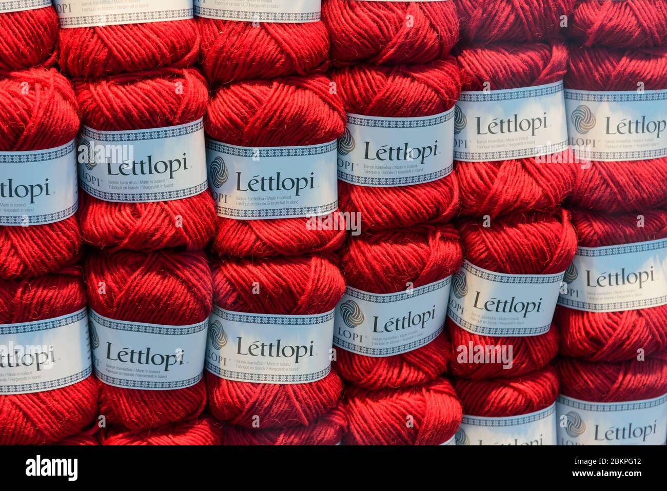Reykjavik, Iceland. Lettlopi red wool yarns in a window of a shop Stock  Photo - Alamy