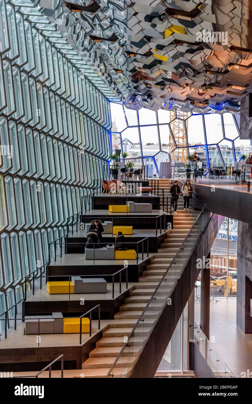 Reykjavik, Iceland. Interior architecture of Harpa, concert hall and  conference centre with a distinctive colored glass facade inspired by  basalt Stock Photo - Alamy