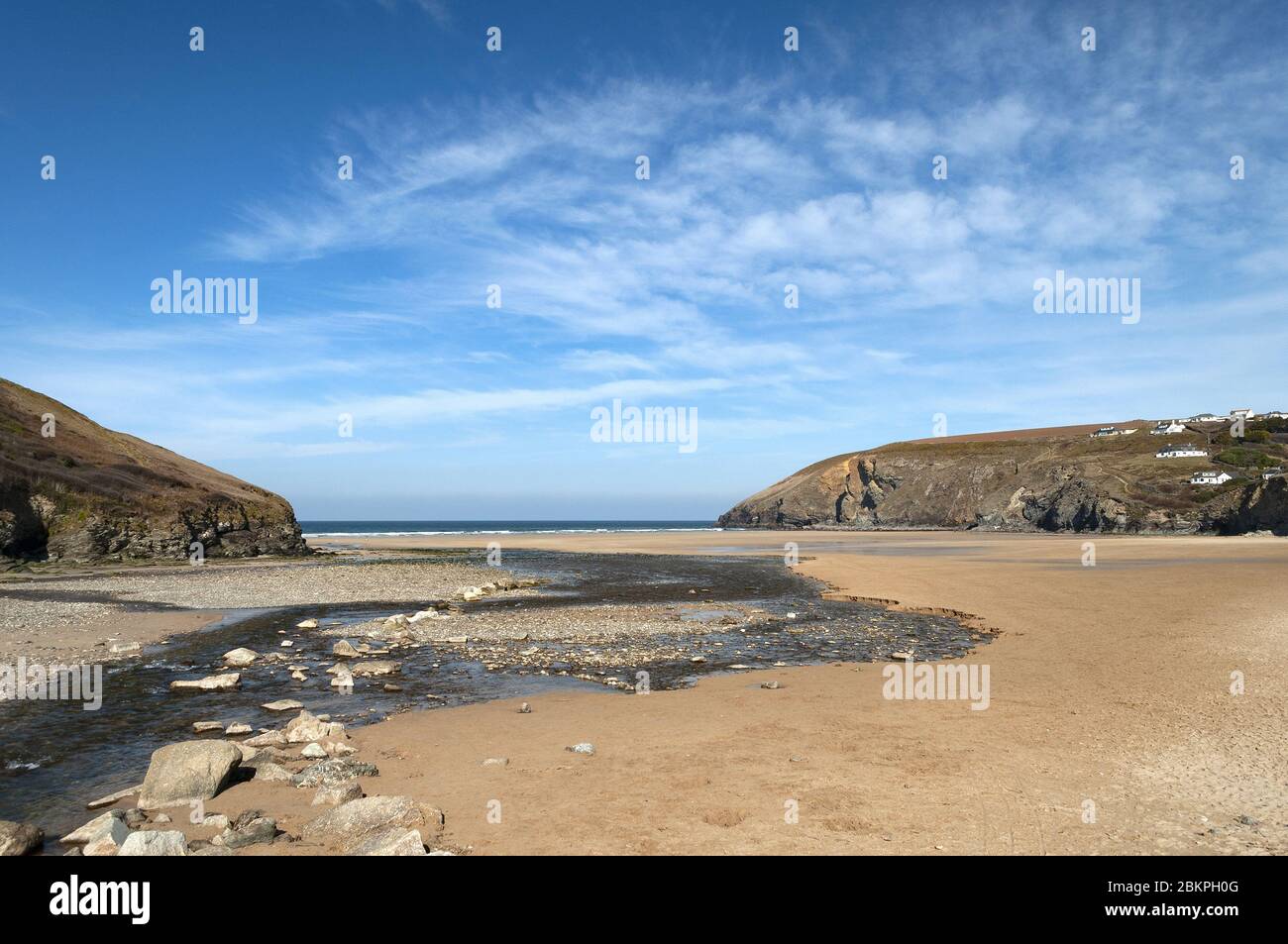empty beach due to coronavirus, covid 19, at mawgan porth, cornwall, england, britain. Stock Photo