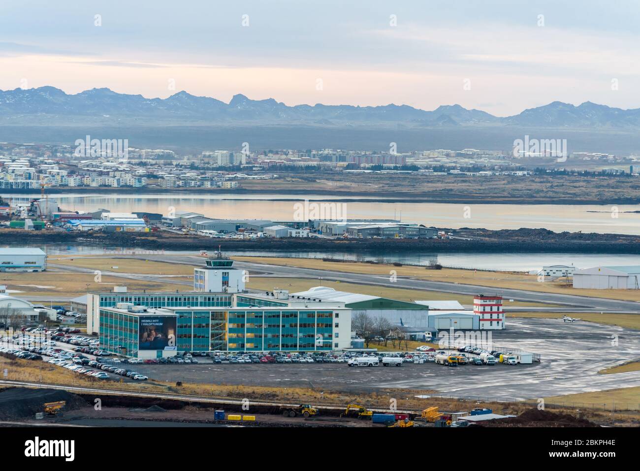 Scenic view of the domestic airport terminal in Reykjavik, capital city of Iceland, from the tower of Hallgrimskirkja church. Stock Photo