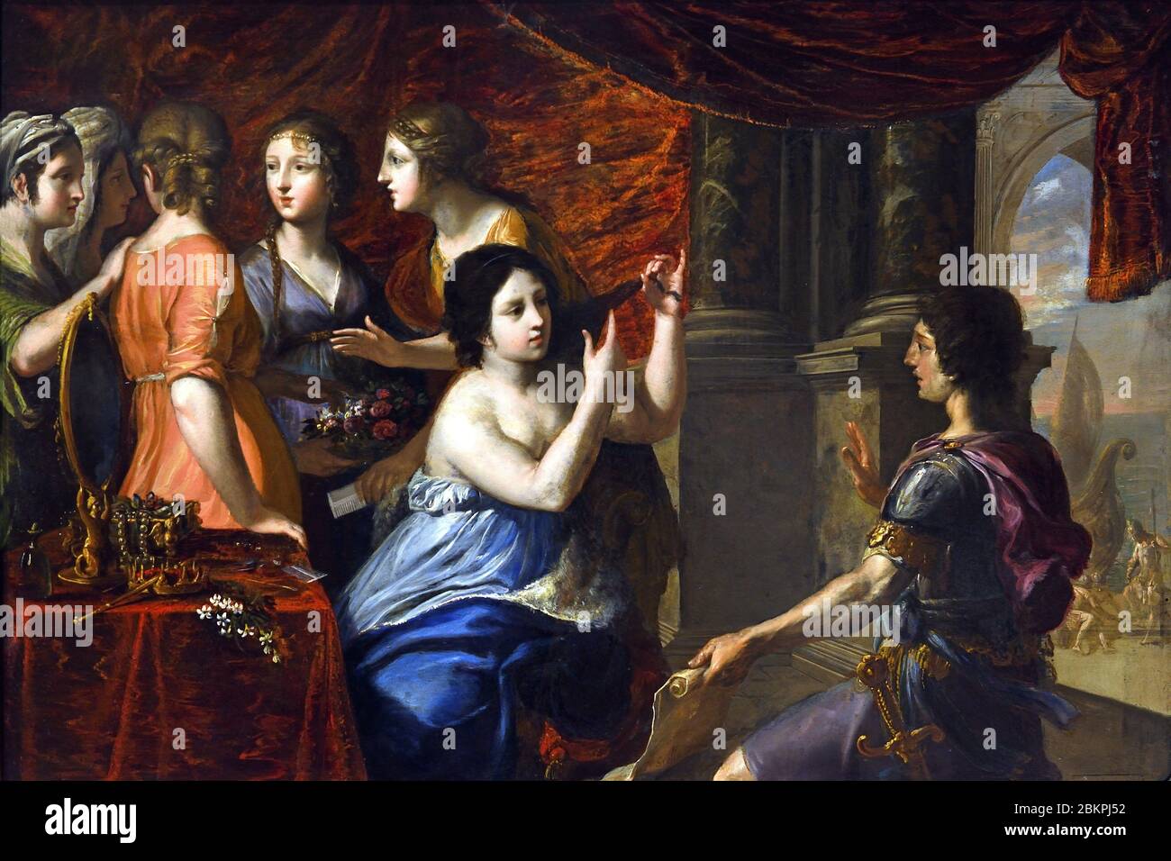 Semiramis Called to Arms 1637 by Jacques Stella 1596-1657 France French (Interrupted at her toilette by news of a revolt, Semiramis, the legendary queen of Assyria, demonstrated her determination as a ruler by refusing to finish combing her hair until she had led her army to crush the rebels. ) Stock Photo