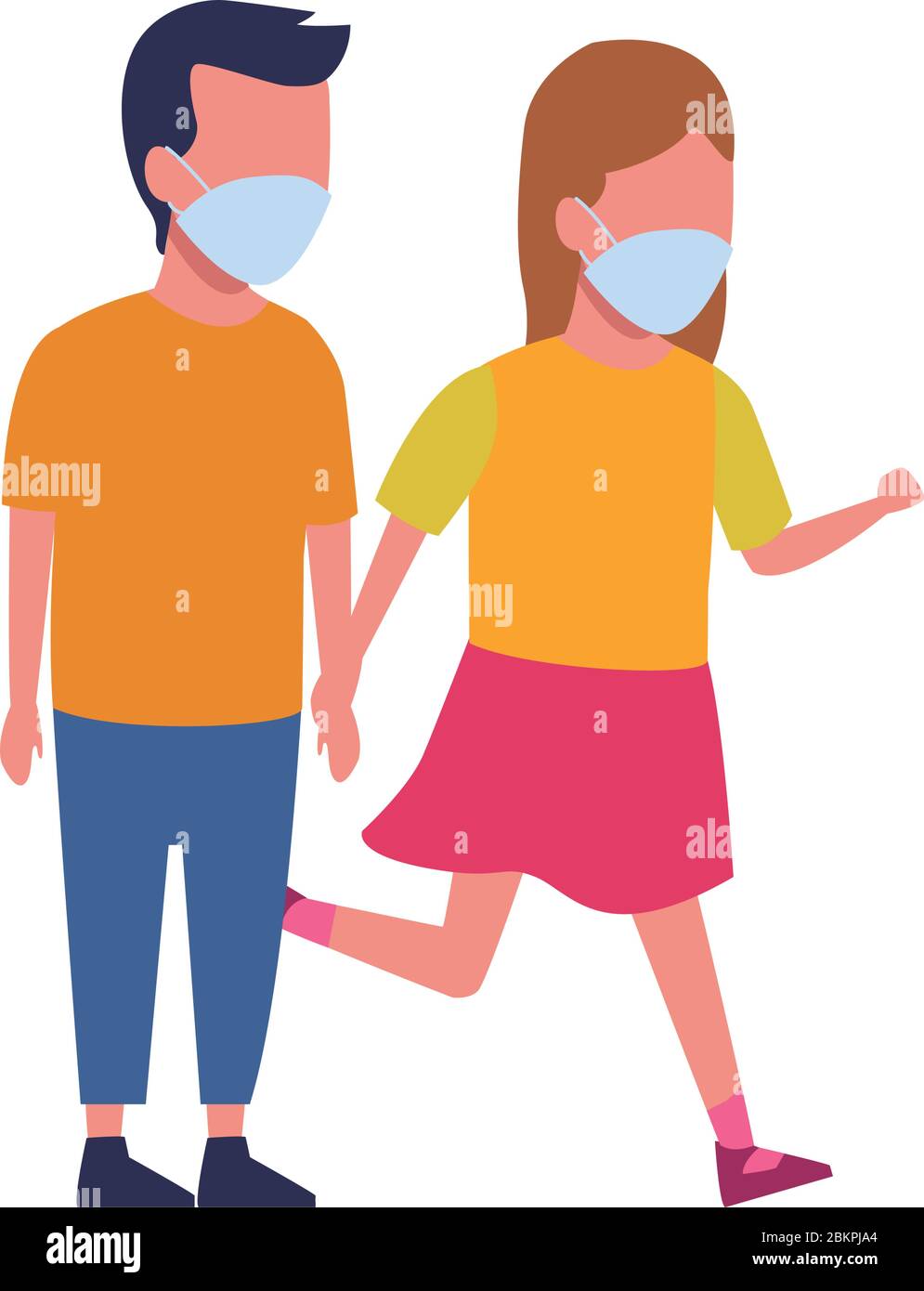 little kids couple using face masks for covid19 Stock Vector Image ...
