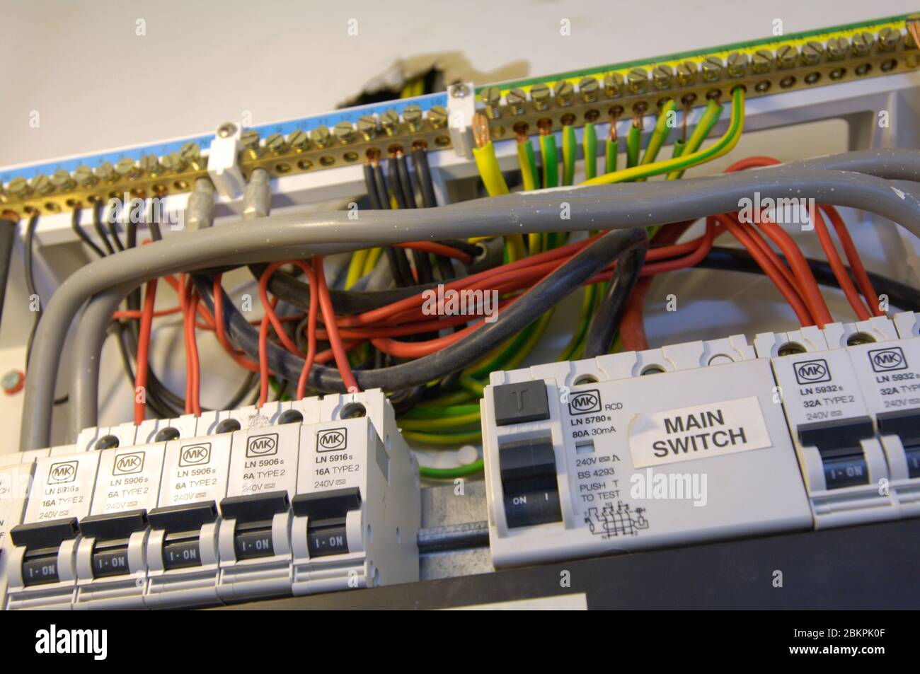 Close up of a new electrical consumer unit (uncovered) in a housing association house Stock