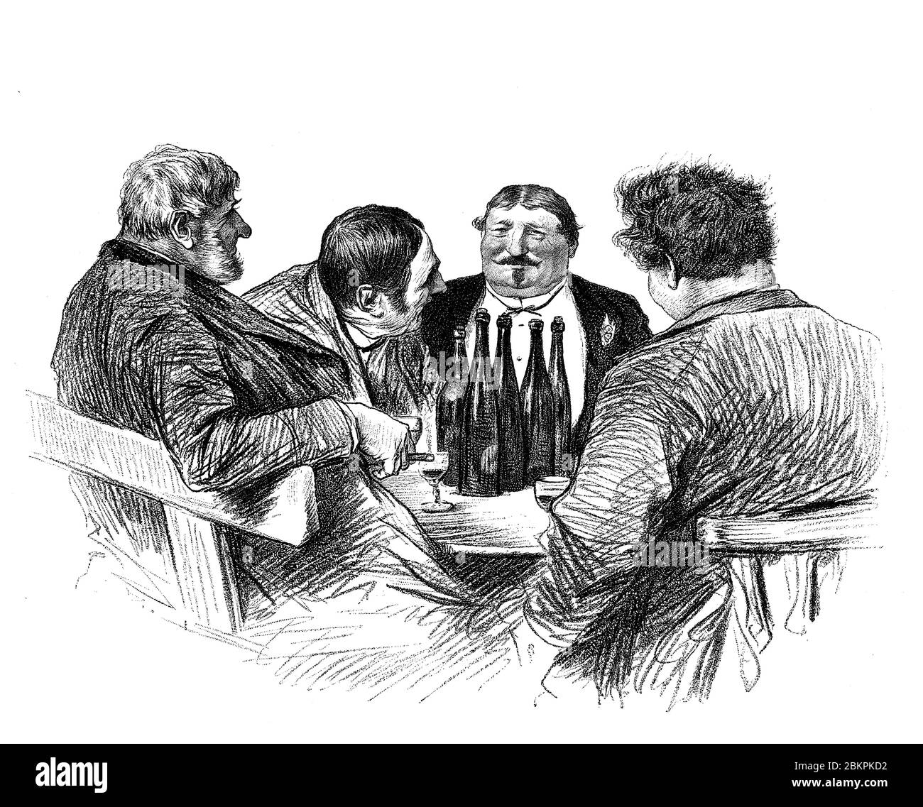 Humor and caricatures 19th century: four friends at the table inn drinking liberally several bottles of wine and have fun together Stock Photo