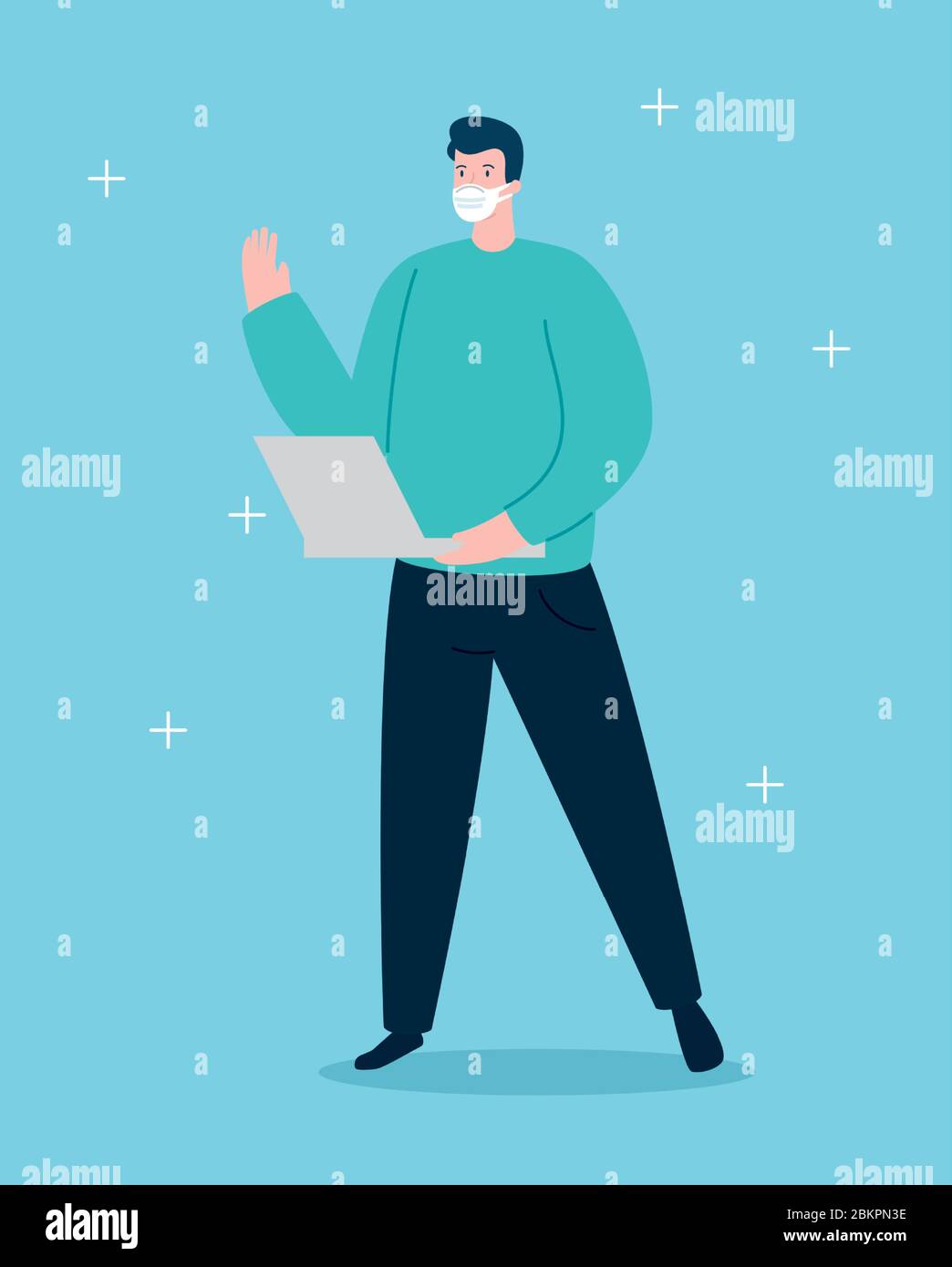 young man using face mask with laptop Stock Vector