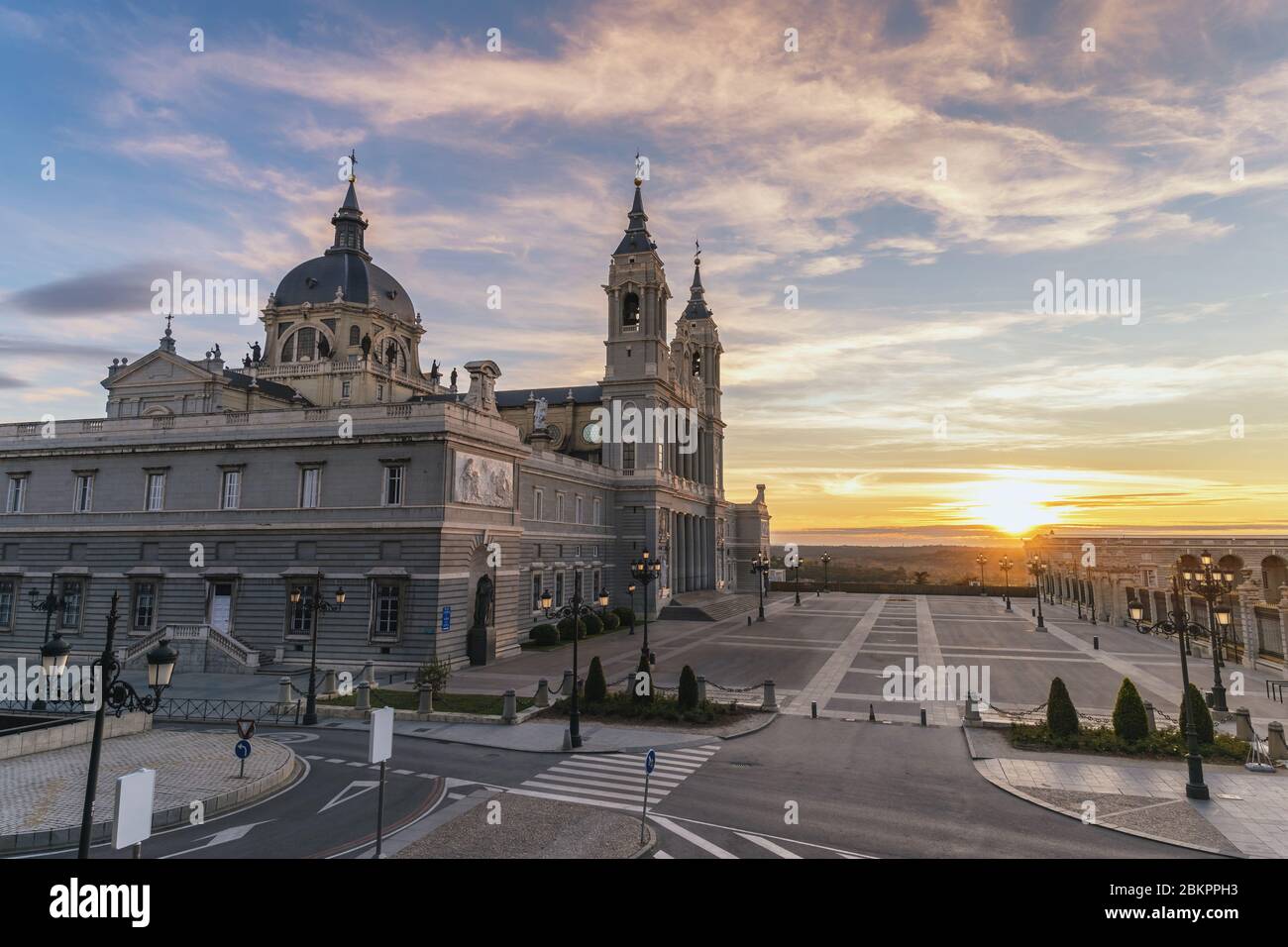 Madrid Spain, sunset city skyline at Cathedral de la Almudena empty nobody Stock Photo