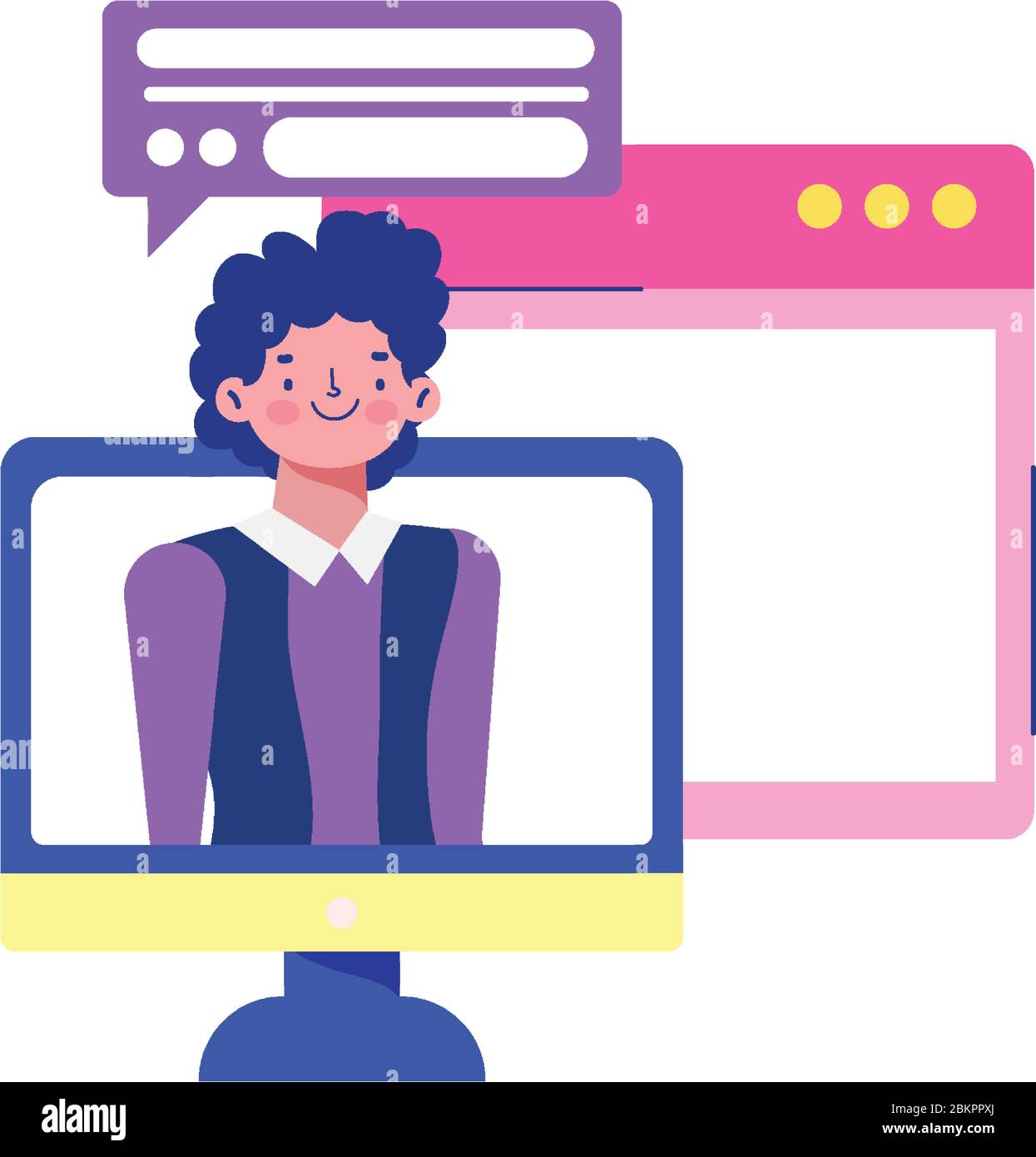 education online, boy video computer texting website digital vector ...