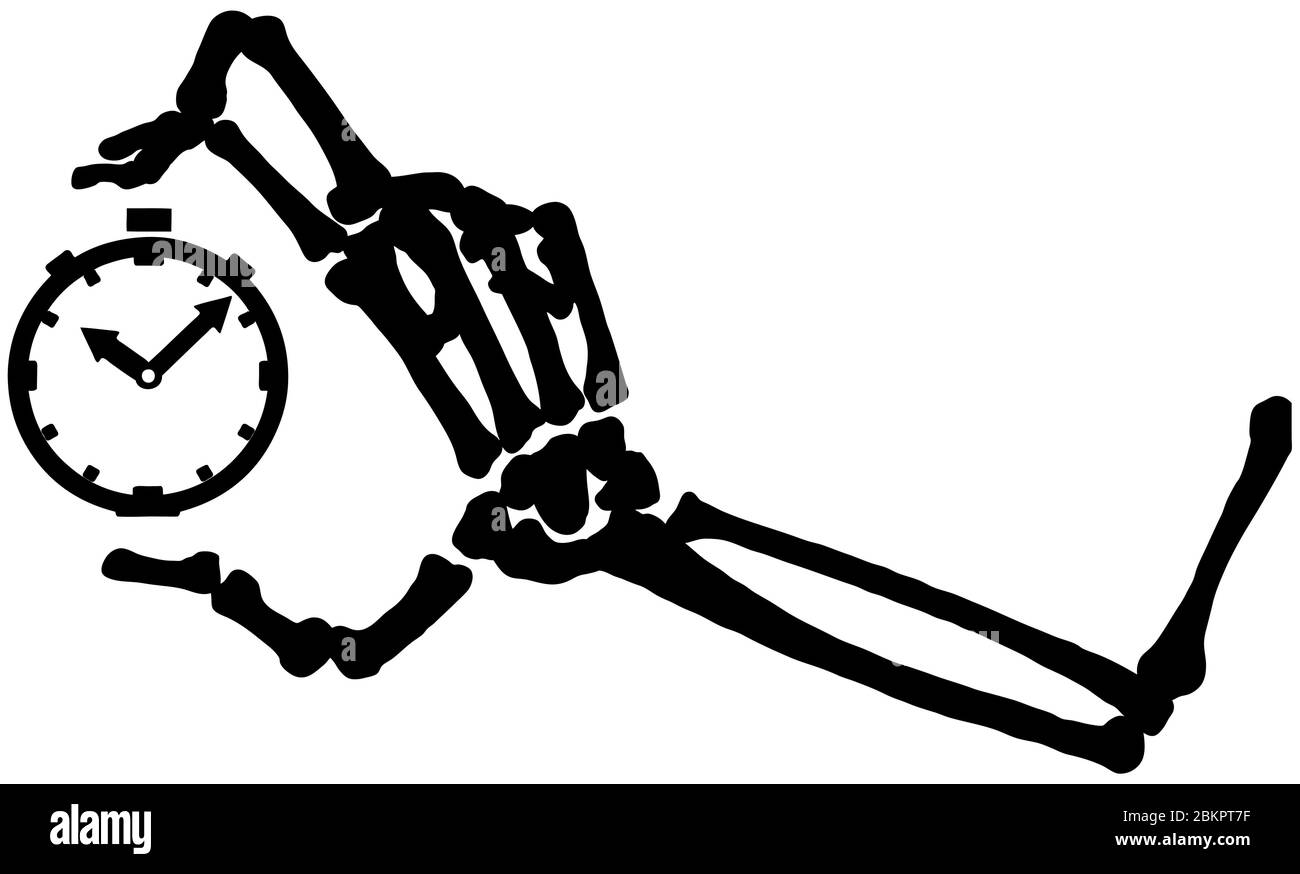 Skeleton arm bones holding clock silhouette stencil black, vector
