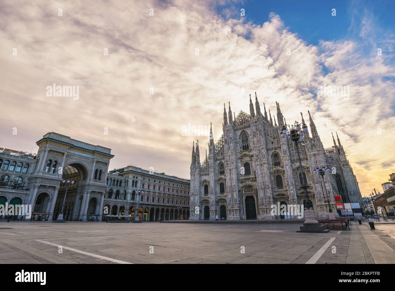 Milan Italy, city skyline sunrise at Milano Duomo Cathedral empty nobody Stock Photo