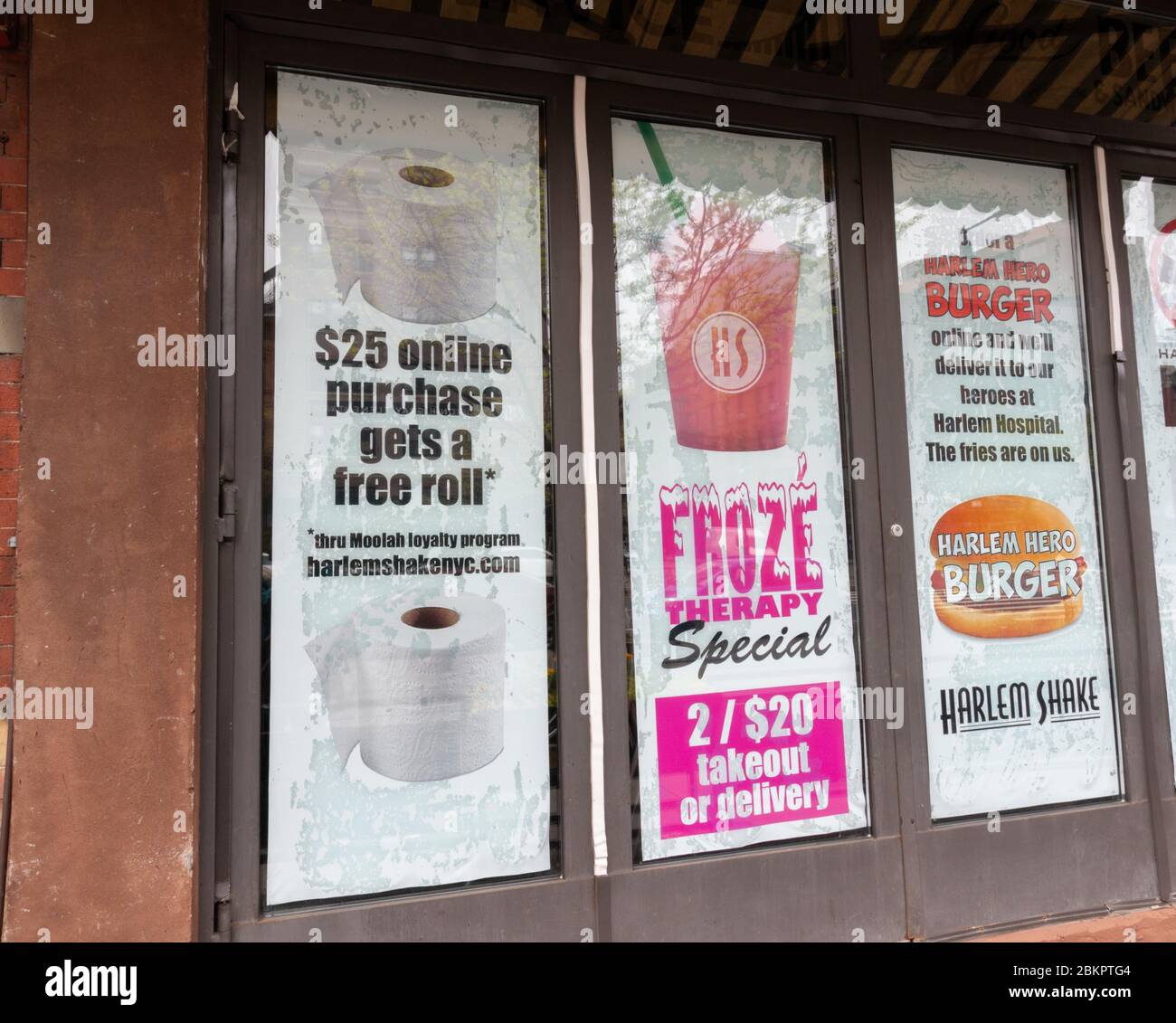 the Harlem Shake restaurant in Harlem offers a free roll of toilet paper with any online order over $25 during the coronavirus or covid-19 pandemic Stock Photo