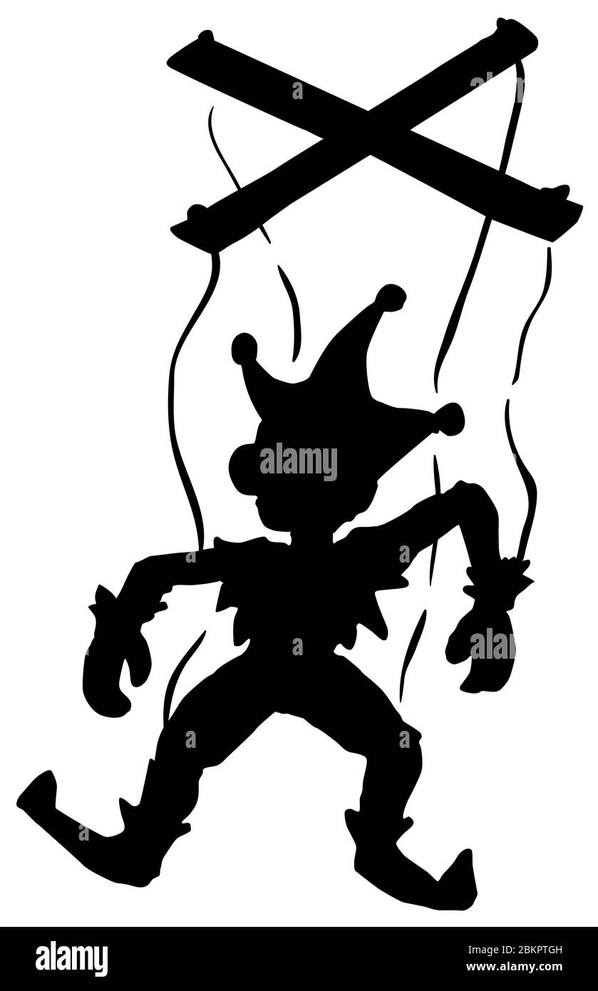 Marionette silhouette cartoon character black silhouette, vector illustration, vertical, isolated, over white Stock Vector