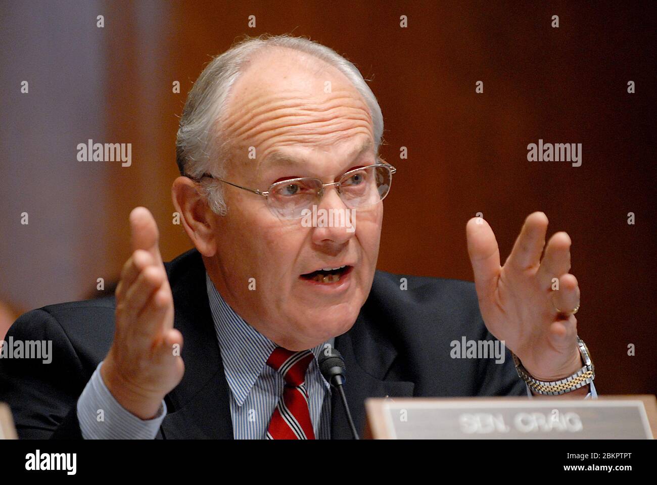 Washington, DC - September 24, 2007 -- United States Senator Larry Craig (Republican of Idaho) questions a witness during a United States Senate Committee on Energy and Natural Resources hearing on Capitol Hill in Washington, DC on Monday, September 24, 2007. Craig is expected to resign from the Senate this week unless his guilty plea to disorderly conduct charges stemming from his June 11, 2007 arrest during a sting operation in a restroom at Minneapolis-St. Paul International Airport is overturned. Credit: Ron Sachs | usage worldwide Stock Photo