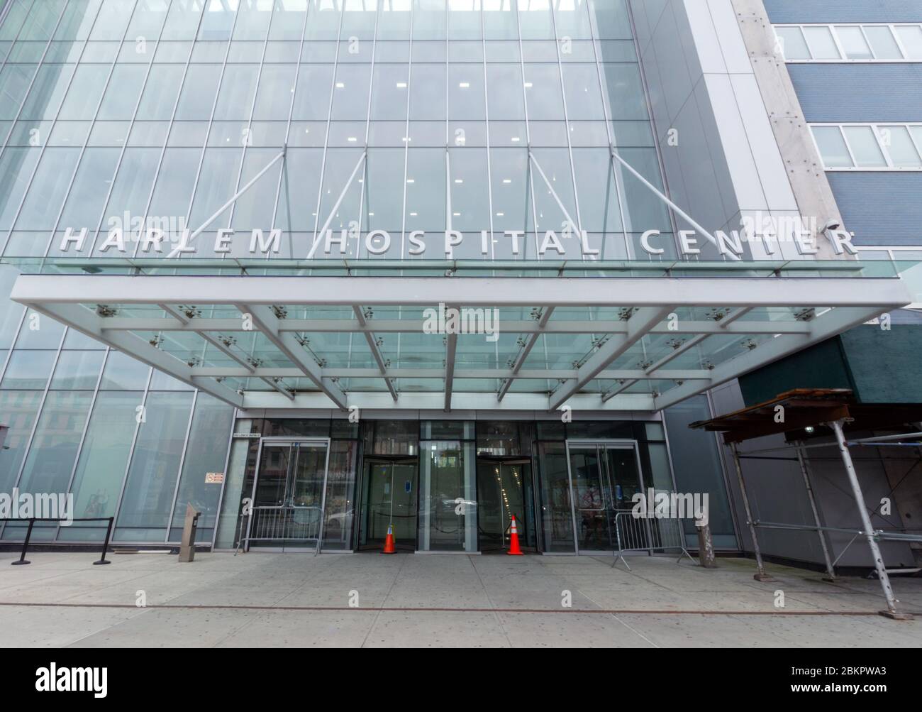 entrance to Harlem Hospital Center, a publicly funded teaching hospital affiliated with Columbia University that serves the Harlem community Stock Photo
