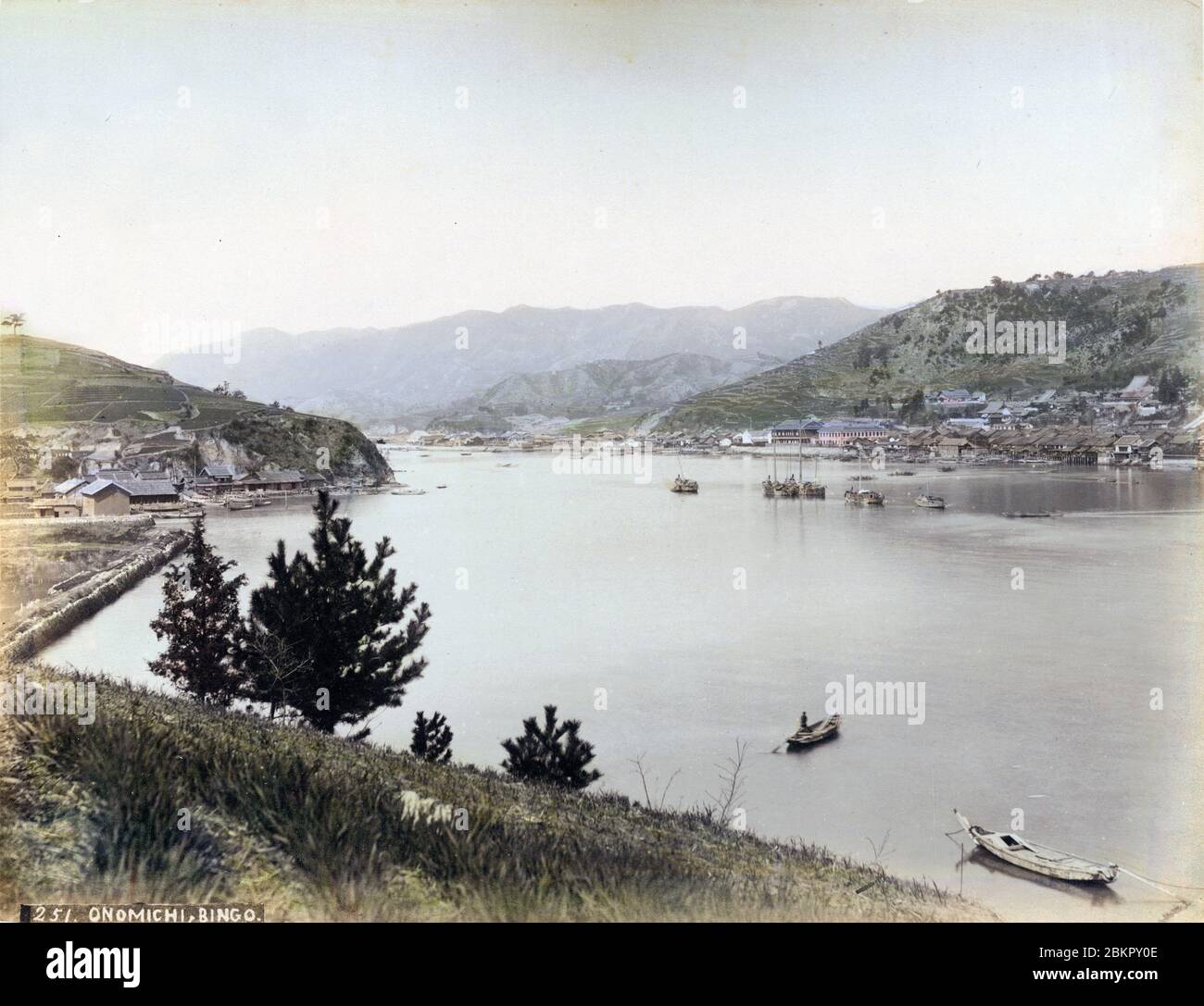 [ 1890s Japan - View on Onomichi ] —   Panoramic view of Onomichi and the Seto Inland Sea in Hiroshima Prefecture. The town was an important port for the transportation of goods.  19th century vintage albumen photograph. Stock Photo