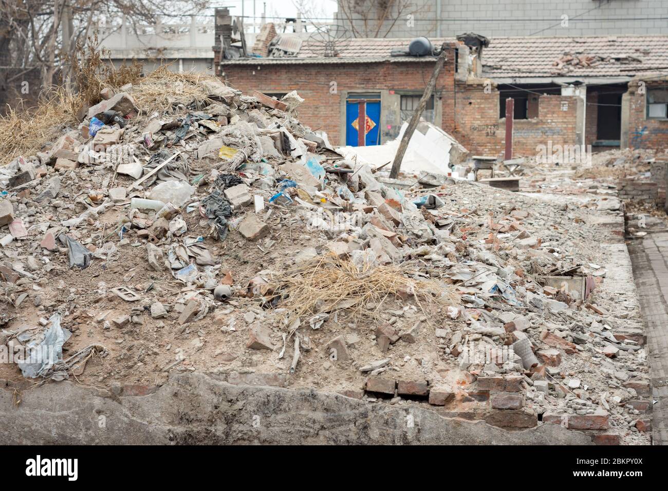 Demolition of old houses in suburban Beijing, to create space for construction of modern apartment buildings, Beijing, China Stock Photo