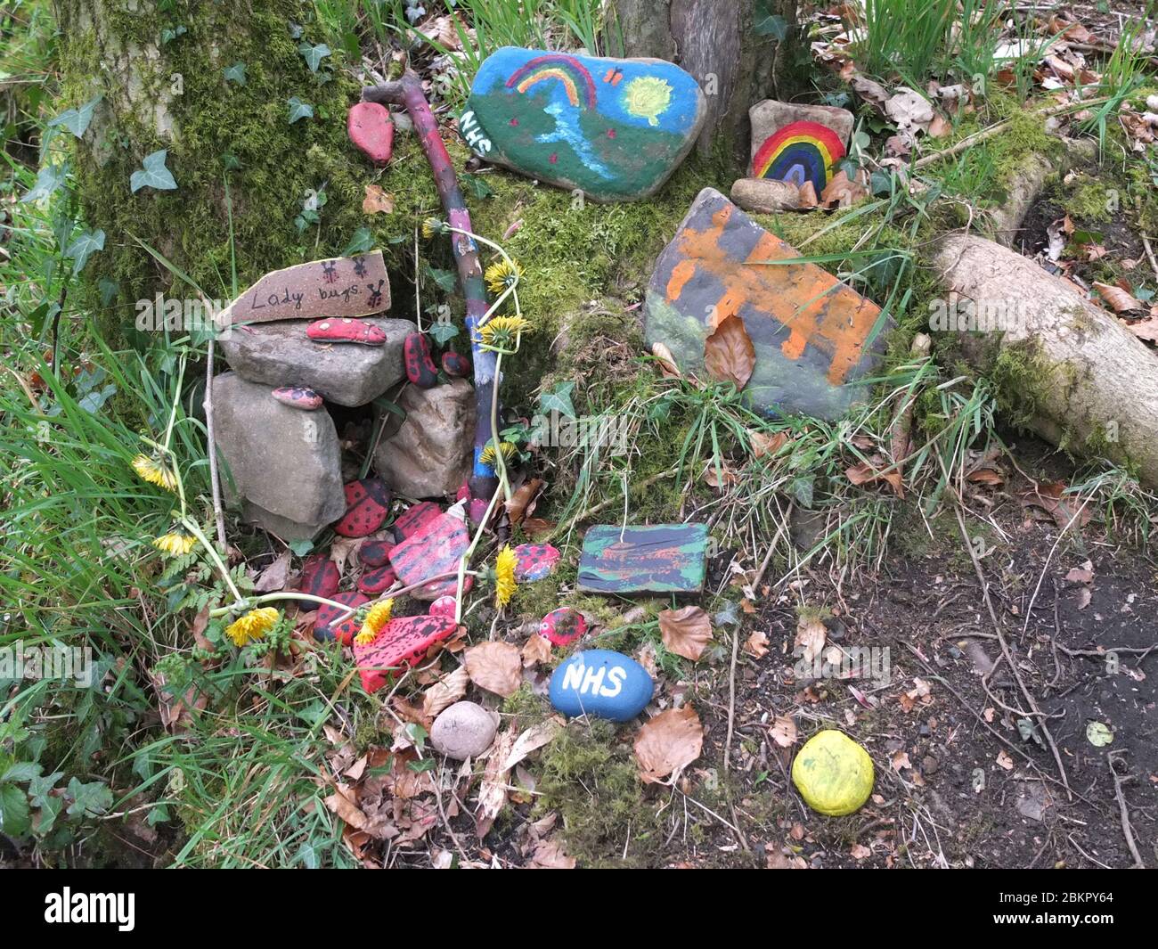 Painted stones with messages of gratitude for NHS at secret 'fairy garden' by river in Sheffield, UK, which has sprung up during Coronavirus Lockdown Stock Photo