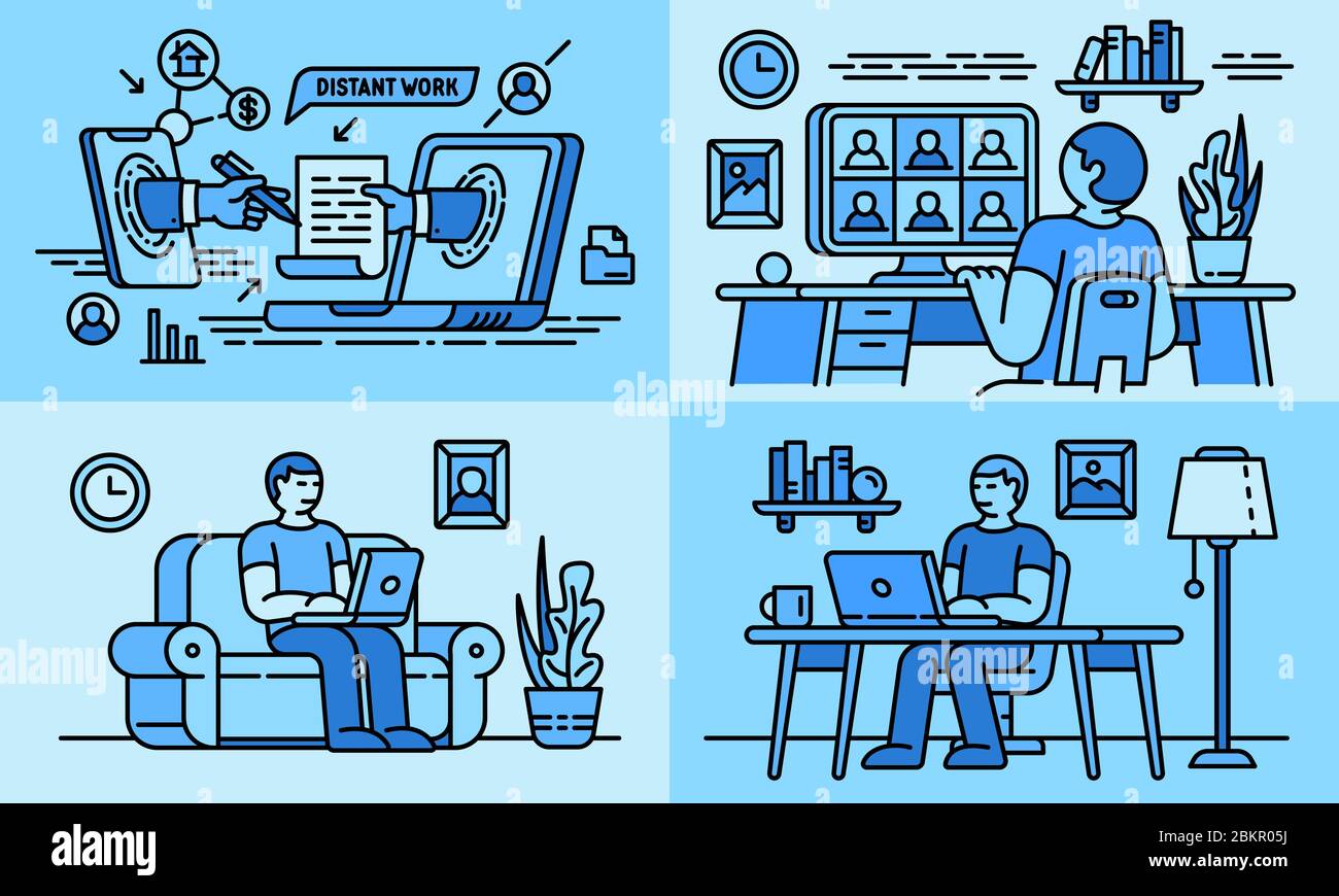 Distant work banner set. Outline set of distant work vector banner for web design Stock Vector