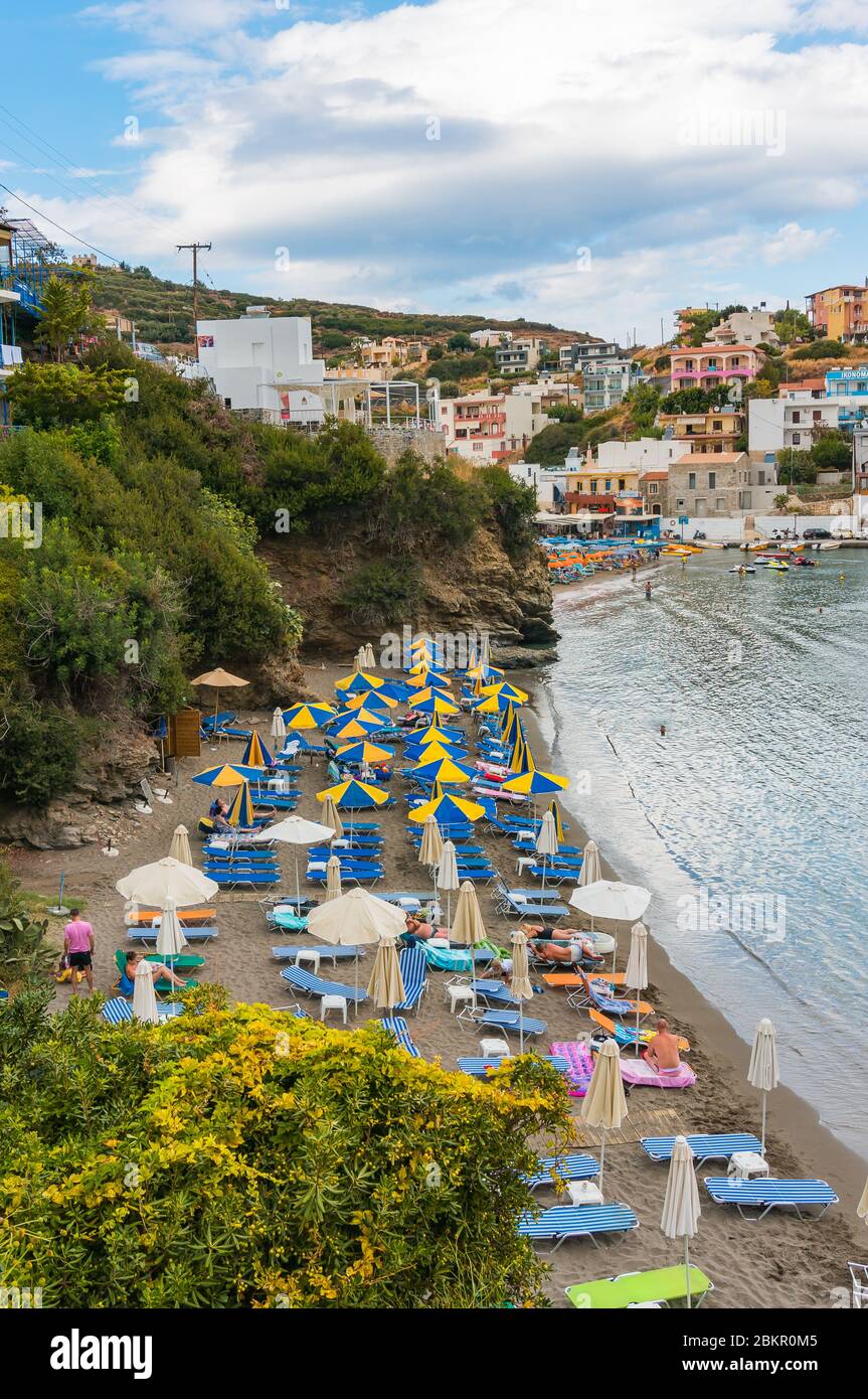 Bali, Crete, Greece - October 7, 2019: Cozy bay of the warm sea of the popular resort of Crete with secluded beaches, lush vegetation and elegant hote Stock Photo