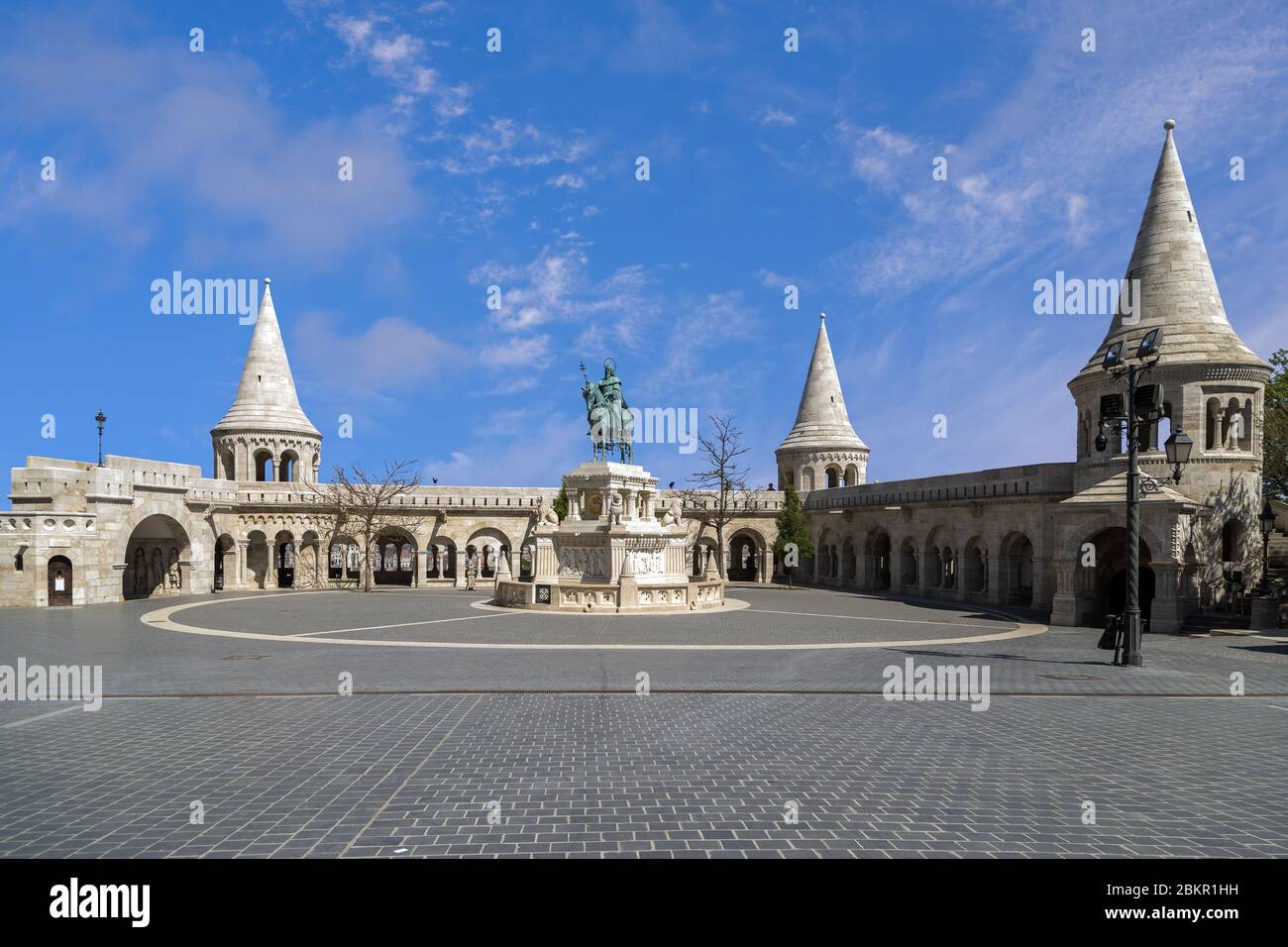 View of the Fisherman's Bastion and  the equestrian statue of St. Stephen I of Hungary in the Buda Castle. Stock Photo