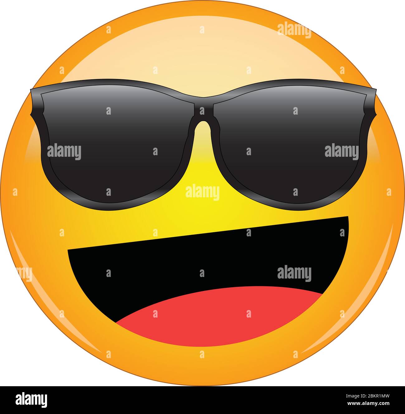 Cool happy emoji in shades. Awesome yellow face emoticon wearing sunglasses with a wide smile and laughing. Expression of happiness, laughter, joy, fu Stock Vector