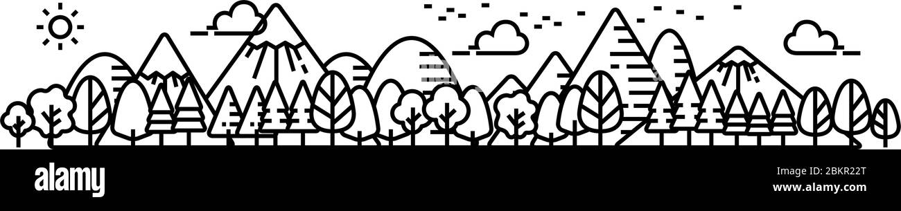 Landscape panorama view of natural, environment. Mountain and forest. Line vector. Stock Vector
